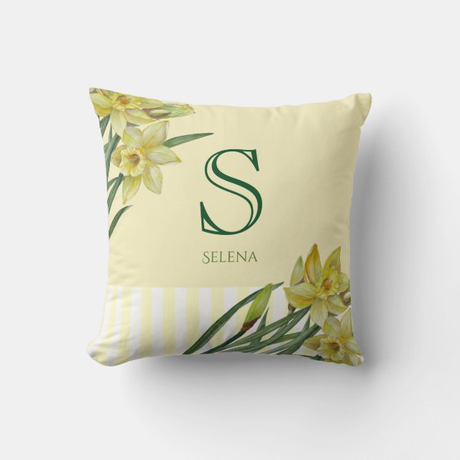 Watercolor Daffodils Flower Floral Art Monogram Throw Pillow (Front)