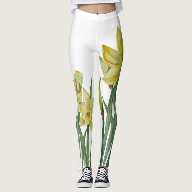 Watercolor Daffodils Flower Portrait Illustration Leggings (Front)