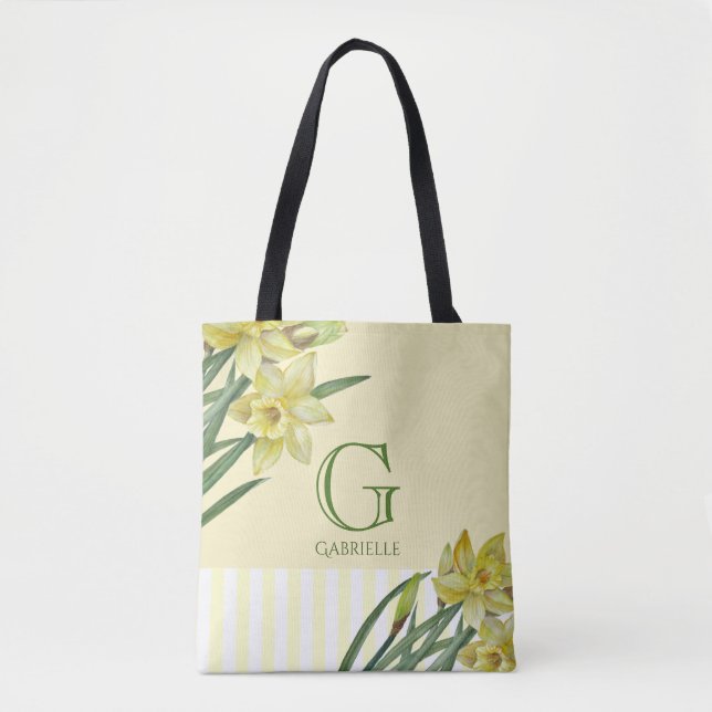 Watercolor Daffodils Flower Portrait Monogram Tote Bag (Front)