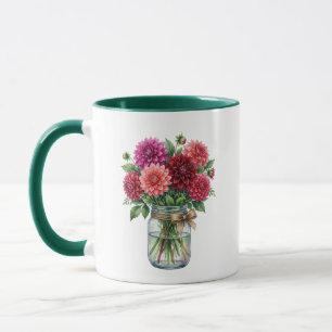 Watercolor Dahlia Mason Jar Green Accent Mug