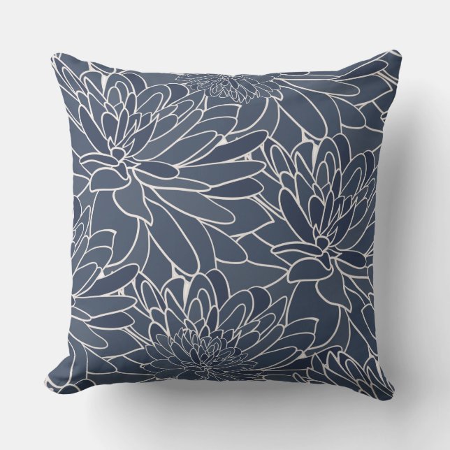 Watercolor Dahlias Navy White  Throw Pillow (Front)
