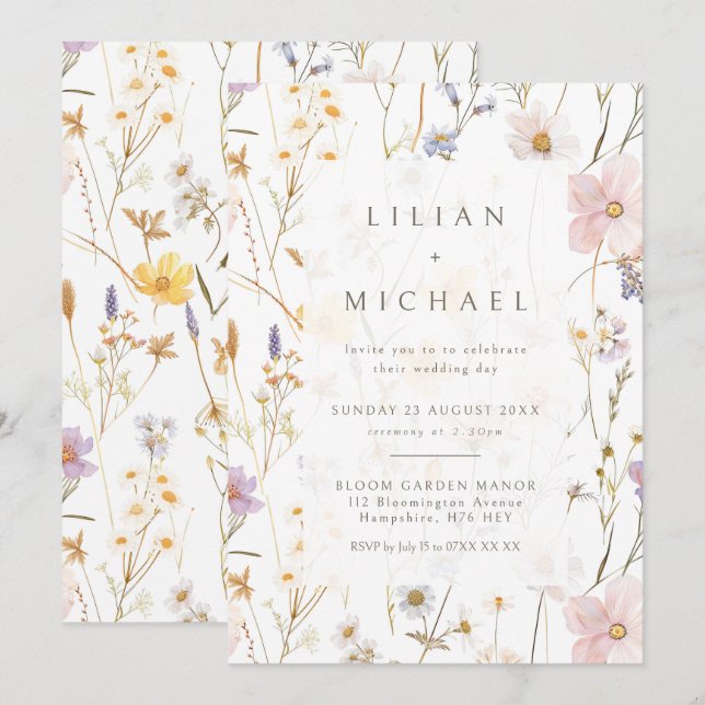 Watercolor Dainy Flowers Wedding Invitation (Front/Back)