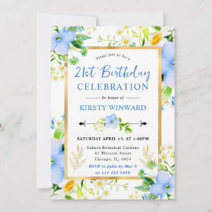 Watercolor Daisies and Blue Flowers 21st Birthday Invitation