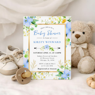 Watercolor Daisies and Blue Flowers Baby Shower Invitation