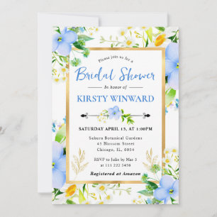 Watercolor Daisies and Blue Flowers Bridal Shower Invitation