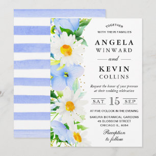 Watercolor Daisies and Blue Flowers Wedding Invitation