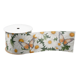 Watercolor Daisies and Butterflies Satin Ribbon