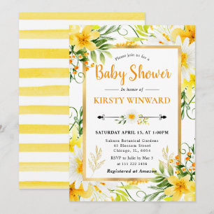 Watercolor Daisies and Yellow Flowers Baby Shower Invitation