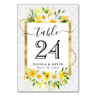 Watercolor Daisies and Yellow Flowers Wedding Table Number
