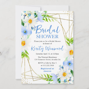 Watercolor Daisies Blue Flowers Bridal Shower Invitation