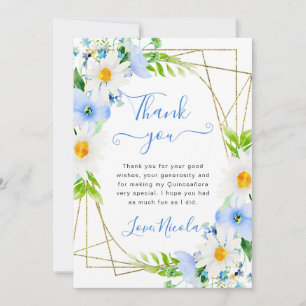 Watercolor Daisies Blue Flowers Frame Quinceanera Thank You Card