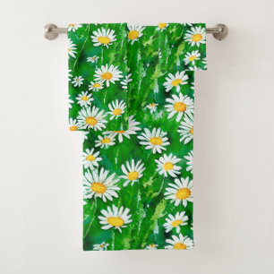 Watercolor Daisies in a Green Field Bath Towel Set