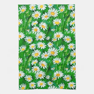 Watercolor Daisies in a Green Field Kitchen Towel