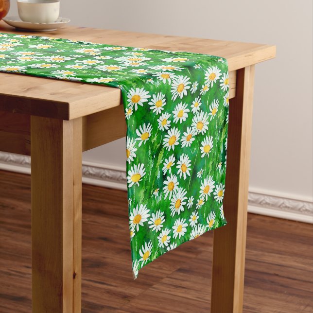 Watercolor Daisies in a Green Field Medium Table Runner (In Situ)