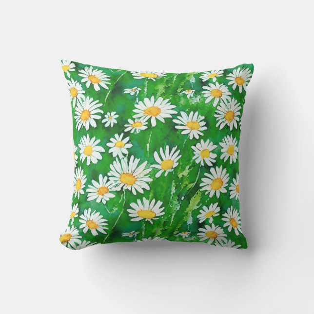 Watercolor Daisies in a Green Field Outdoor Pillow (Front)