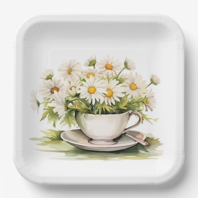 Watercolor Daisies In Coffee Cup Paper Plate (Front)