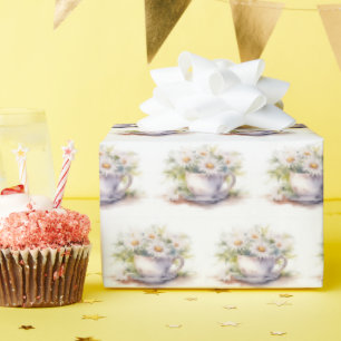 Watercolor Daisies In Coffee Cup With Saucer Wrapping Paper