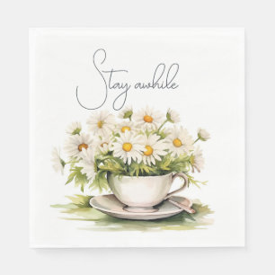 Watercolor Daisies In Coffee Cup With Text Napkin