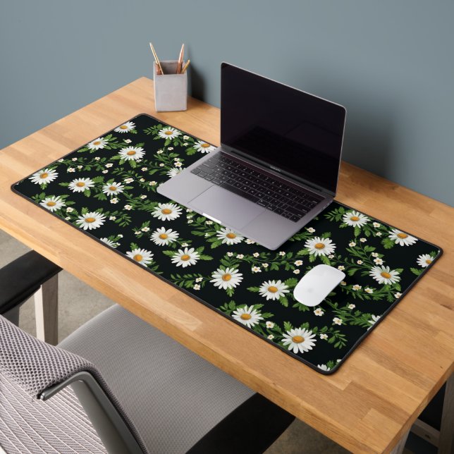 Watercolor Daisies On Black Desk Mat (Office 2)