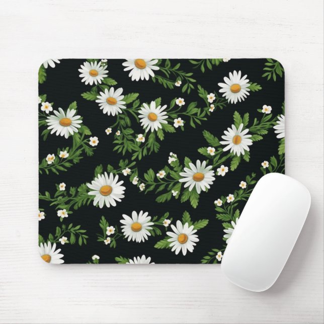 Watercolor Daisies On Black Mouse Pad (With Mouse)