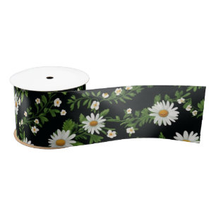Watercolor Daisies On Black Satin Ribbon