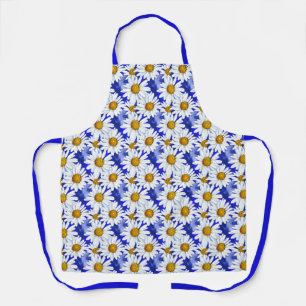 Watercolor Daisies on Denim Blue   Apron