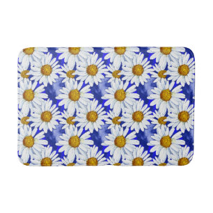 Watercolor Daisies on Denim Blue   Bath Mat