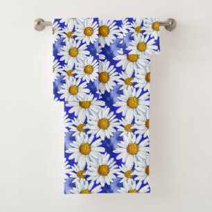 Watercolor Daisies on Denim Blue   Bath Towel Set