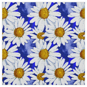 Watercolor Daisies on Denim Blue Fabric
