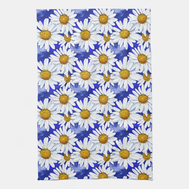 Watercolor Daisies on Denim Blue   Kitchen Towel (Vertical)