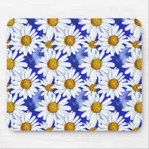 Watercolor Daisies on Denim Blue  Mouse Pad