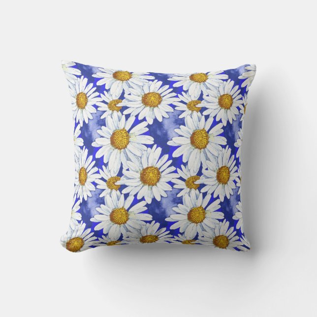 Watercolor Daisies on Denim Blue   Outdoor Pillow (Front)