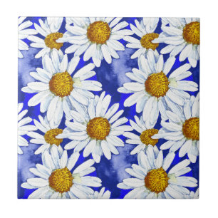 Watercolor Daisies on Denim Blue Tile