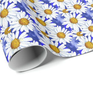 Watercolor Daisies on Denim Blue Wrapping Paper