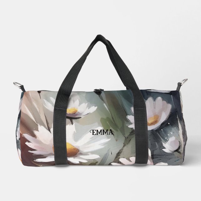 Watercolor Daisies Pattern Custom Name Duffle Bag (Front)