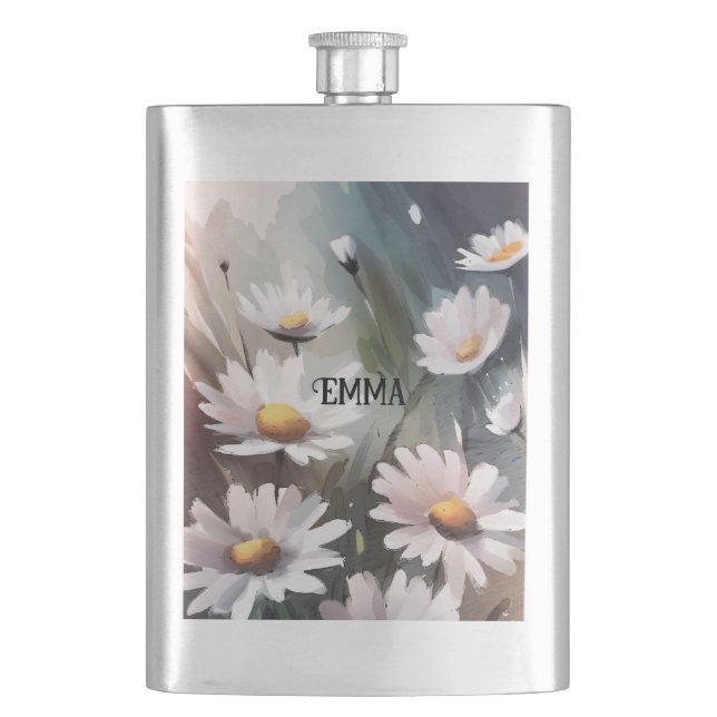 Watercolor Daisies Pattern Custom Name Hip Flask (Front)