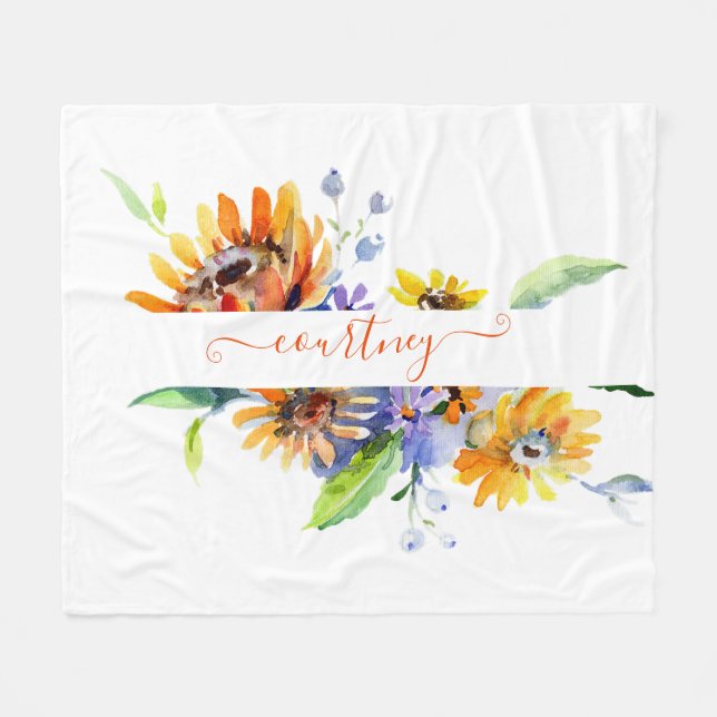 Watercolor daisies personalized  fleece blanket (Front (Horizontal))