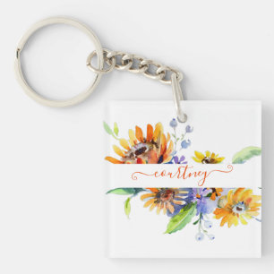 Watercolor daisies personalized keychain