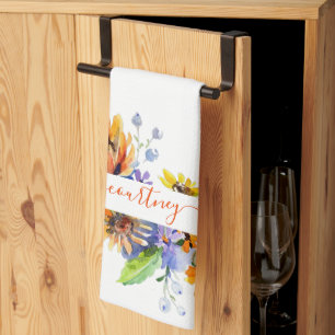 Watercolor daisies personalized kitchen towel