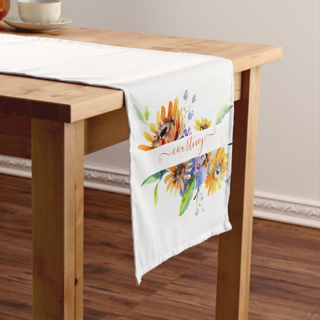 Watercolor daisies personalized   short table runner (In Situ)