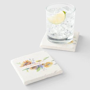 Watercolor daisies personalized stone coaster