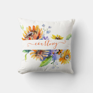 Watercolor daisies personalized throw pillow