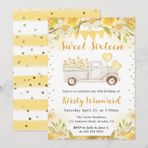 Watercolor Daisies Truck and Flowers Sweet Sixteen Invitation
