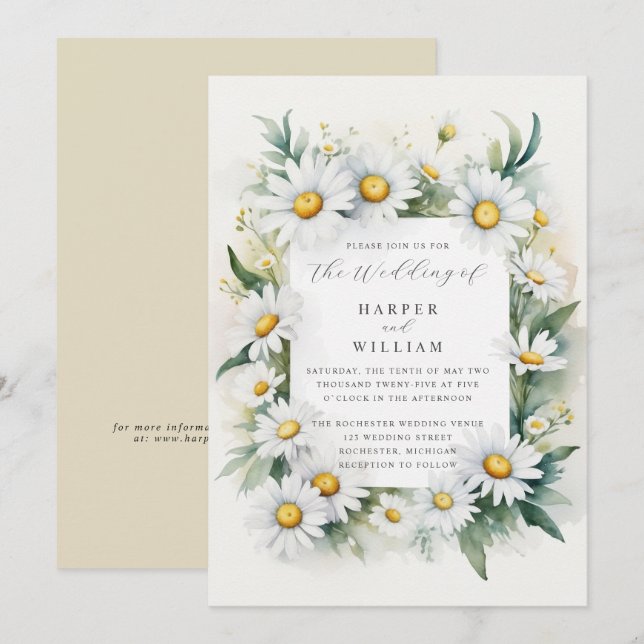 Watercolor daisies wedding invitation (Front/Back)