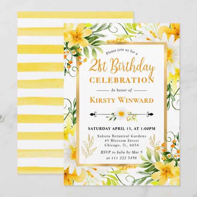 Watercolor Daisies & Yellow Flowers 21st Birthday Invitation (Front/Back)