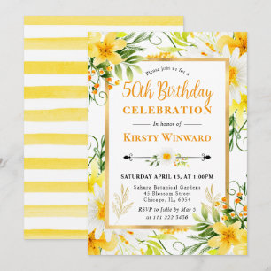 Watercolor Daisies & Yellow Flowers 50th Birthday Invitation