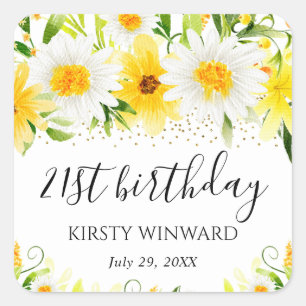 Watercolor Daisies & Yellow Flowers Birthday Square Sticker