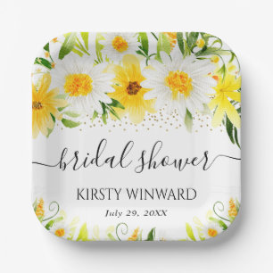 Watercolor Daisies & Yellow Flowers Bridal Shower Paper Plate