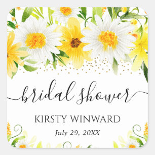 Watercolor Daisies & Yellow Flowers Bridal Shower Square Sticker
