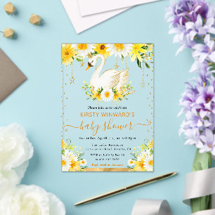Watercolor Daisies Yellow Flowers Swan Baby Shower Acrylic Invitations